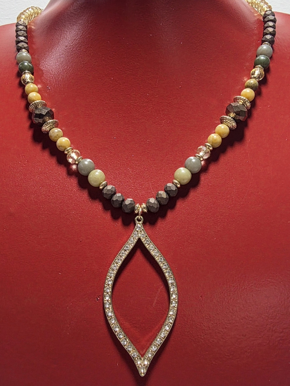 Gold-Tone Crystal Marquise Pendant Necklace with Green and Yellow Beads